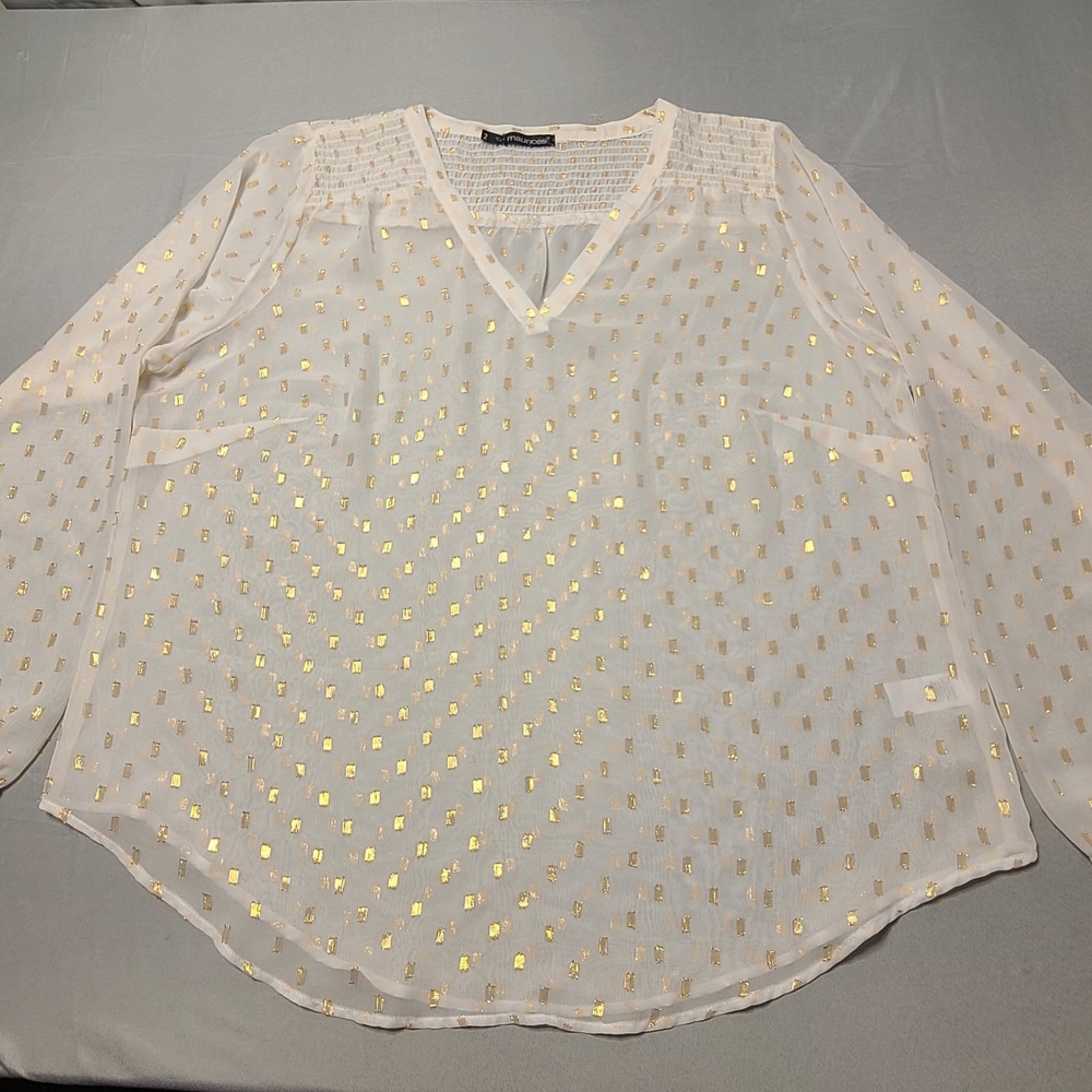 Maurices 2X Ivory Gold Foil Sheer Chiffon Blouse V Neck Smocked Dainty Flowy Fem